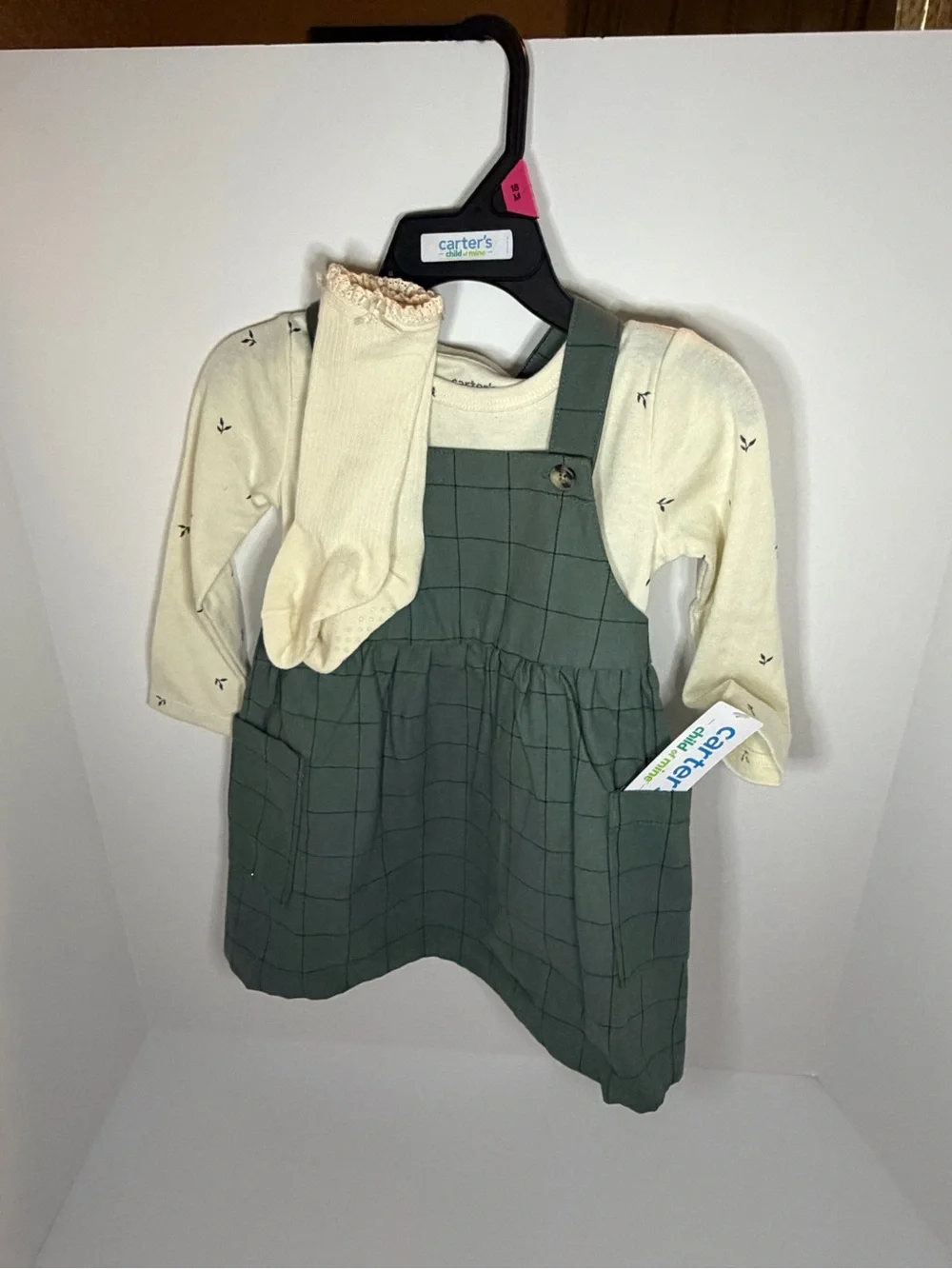 Carter's Green Windowpane Pinafore Dress with Cream Top